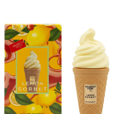 Flacon de parfum Lemon Sorbet Arabiyat Sugar My Perfumes au design frais et lumineux, inspiré du citron avec des tons jaunes et estivaux.