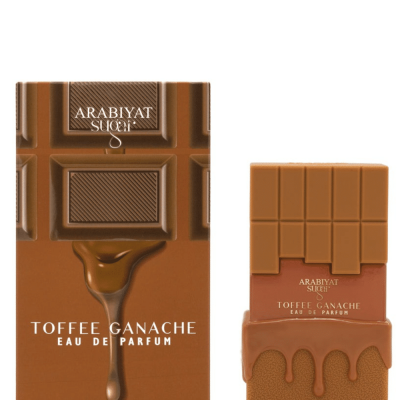 Flacon de parfum Toffee Ganache Arabiyat Sugar My Perfumes 100ml au design gourmand, avec des tons chauds évoquant le caramel et le toffee.