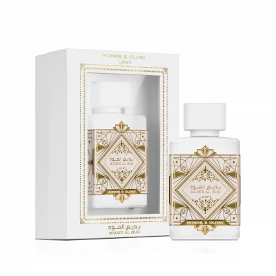 Lattafa Badee Al Oud Honor and Glory eau de parfum 100ml flacon blanc doré ananas vanille parfum gourmand oriental
