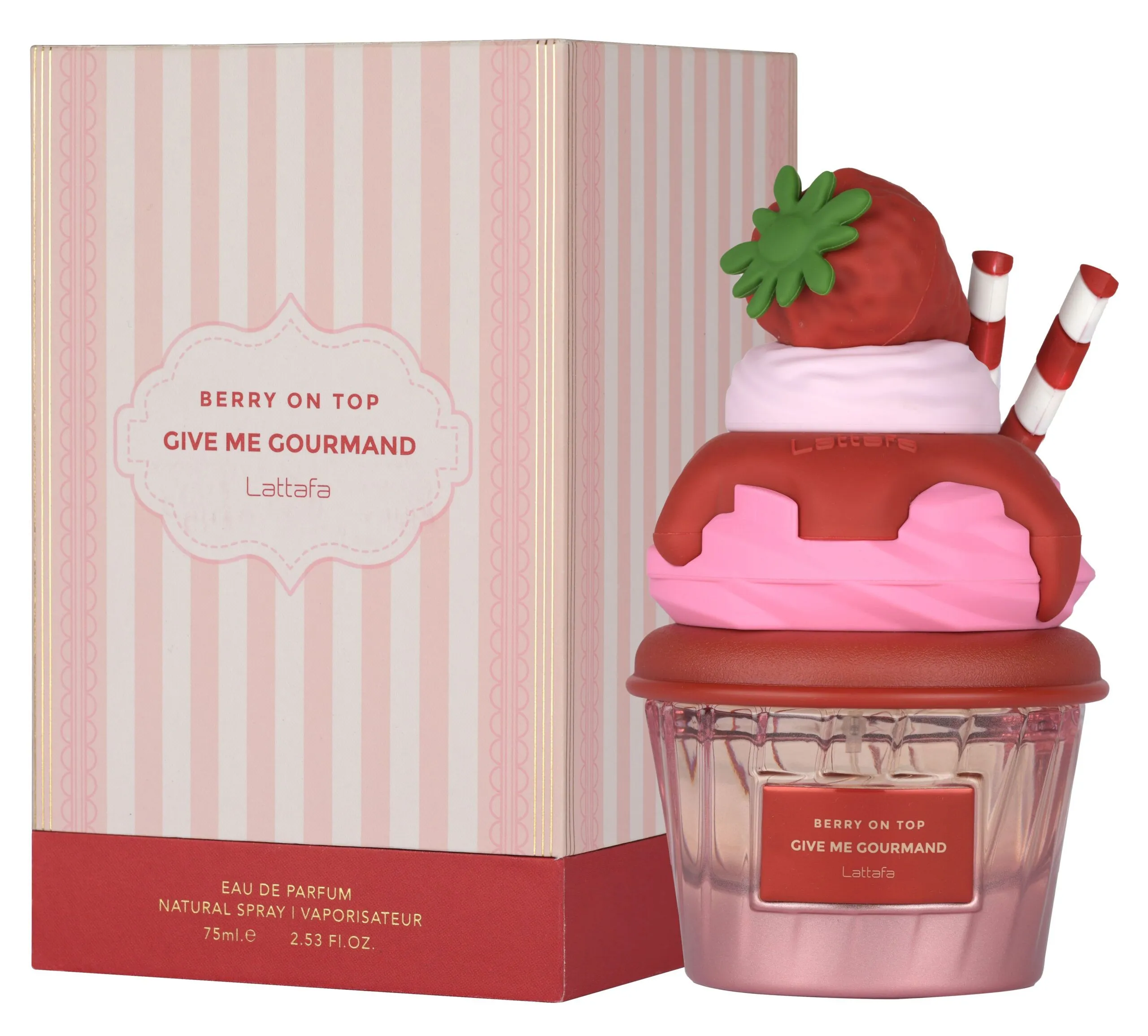 Parfum gourmand Give Me Gourmand Berry On Top Lattafa 75ml avec notes de fraise, chantilly et vanille, fragrance sucrée et fruitée.