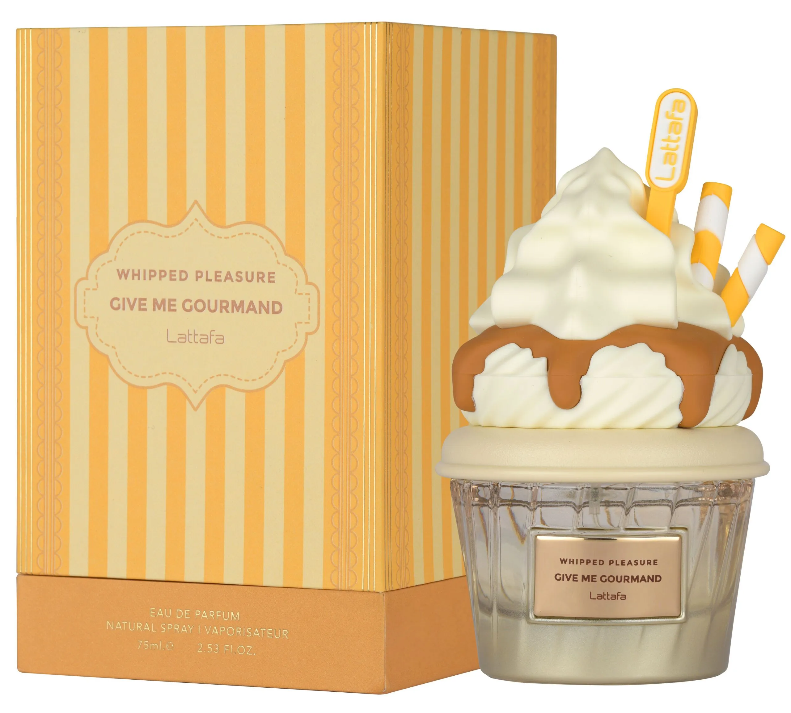 Give me gourmand whipped pleasure eau de parfum lattafa 75ml flacon parfum gourmand caramel popcorn