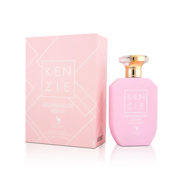 Flacon de parfum Kenzie Marshmallow Dream Volaré 100ml au design gourmand et féminin, inspiré de la guimauve, de la fraise et de la vanille.