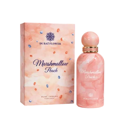 Marshmallow Peach Dubai Flower extrait de parfum 100ml flacon pêche parfum gourmand fruité pêche vanille musc blanc poudré