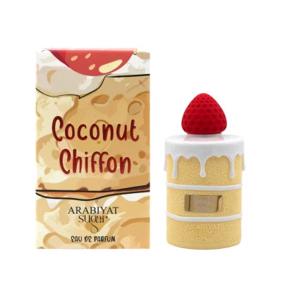 Flacon de parfum Coconut Chiffon Arabiyat Sugar My Perfumes au design doux et gourmand, inspiré de la noix de coco et de notes sucrées.