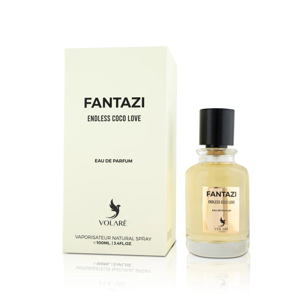 Flacon de parfum Fantazi Endless Coco Love Volaré au design élégant, avec des tons tropicaux évoquant la noix de coco et une ambiance estivale.