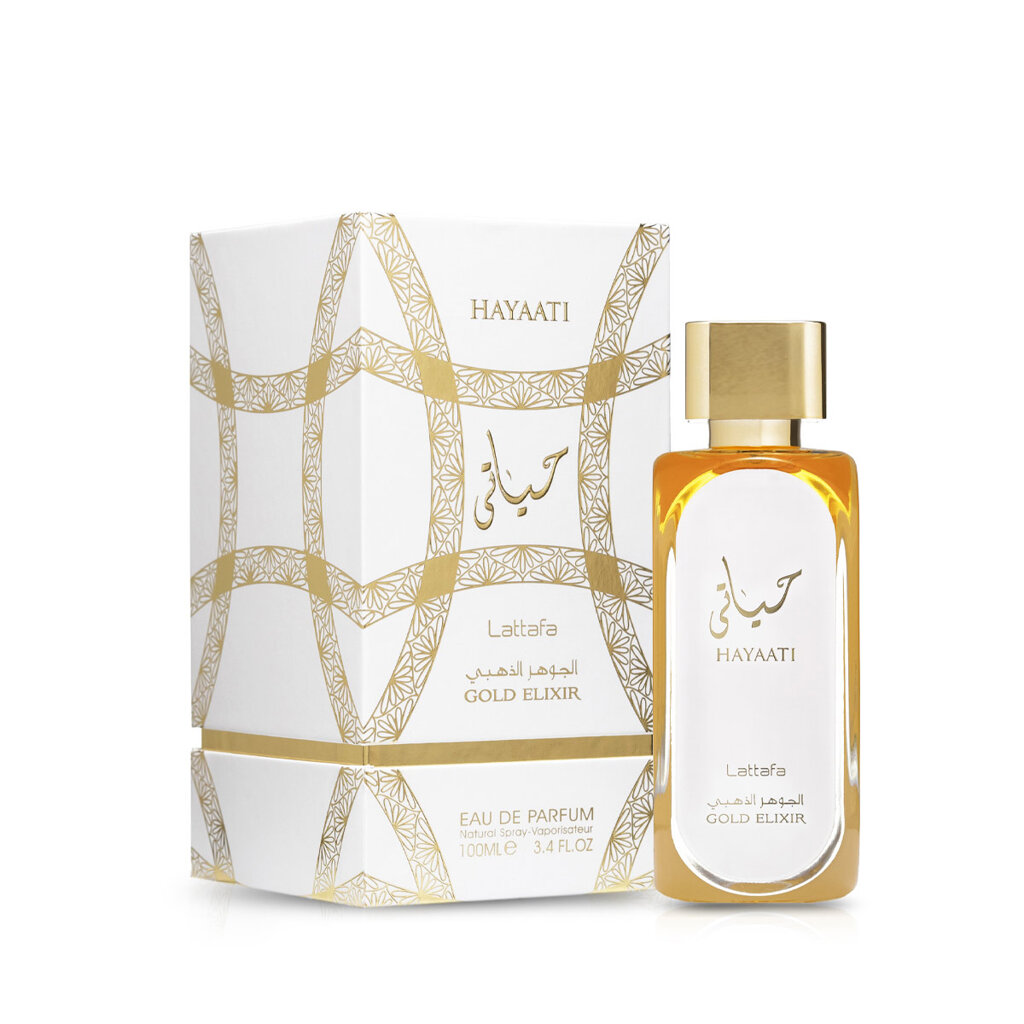 hayaati gold elixir eau de parfum lattafa 100ml flacon parfum cuir fruité luxueux