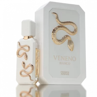 Flacon de parfum Veneno Bianco French Avenue au design élégant et lumineux, avec des tons blancs évoquant pureté et sophistication.