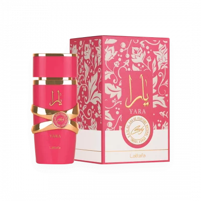 Parfum Yara Candy Lattafa 100ml avec notes fruitées, fraise bonbon, vanille et musc, fragrance gourmande sucrée et addictive.